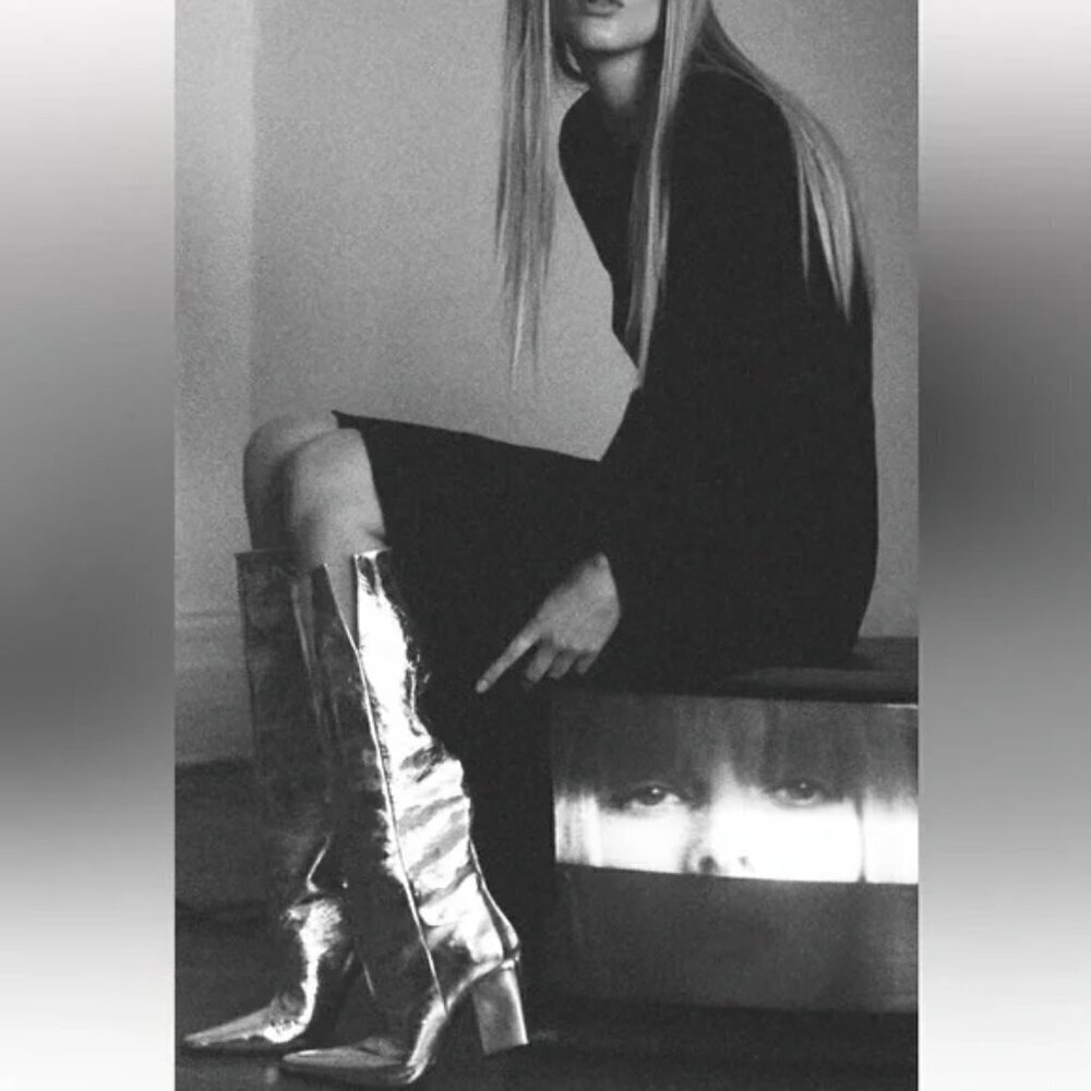 ZARA 100% LEATHER METALLIC HEELED KNEE HIGH BOOTS - Picture 3 of 13